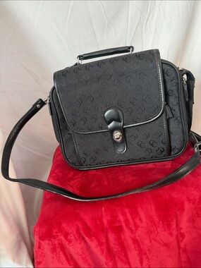 Black Crossbody Satchel Bag with Subtle Monogram Pattern
